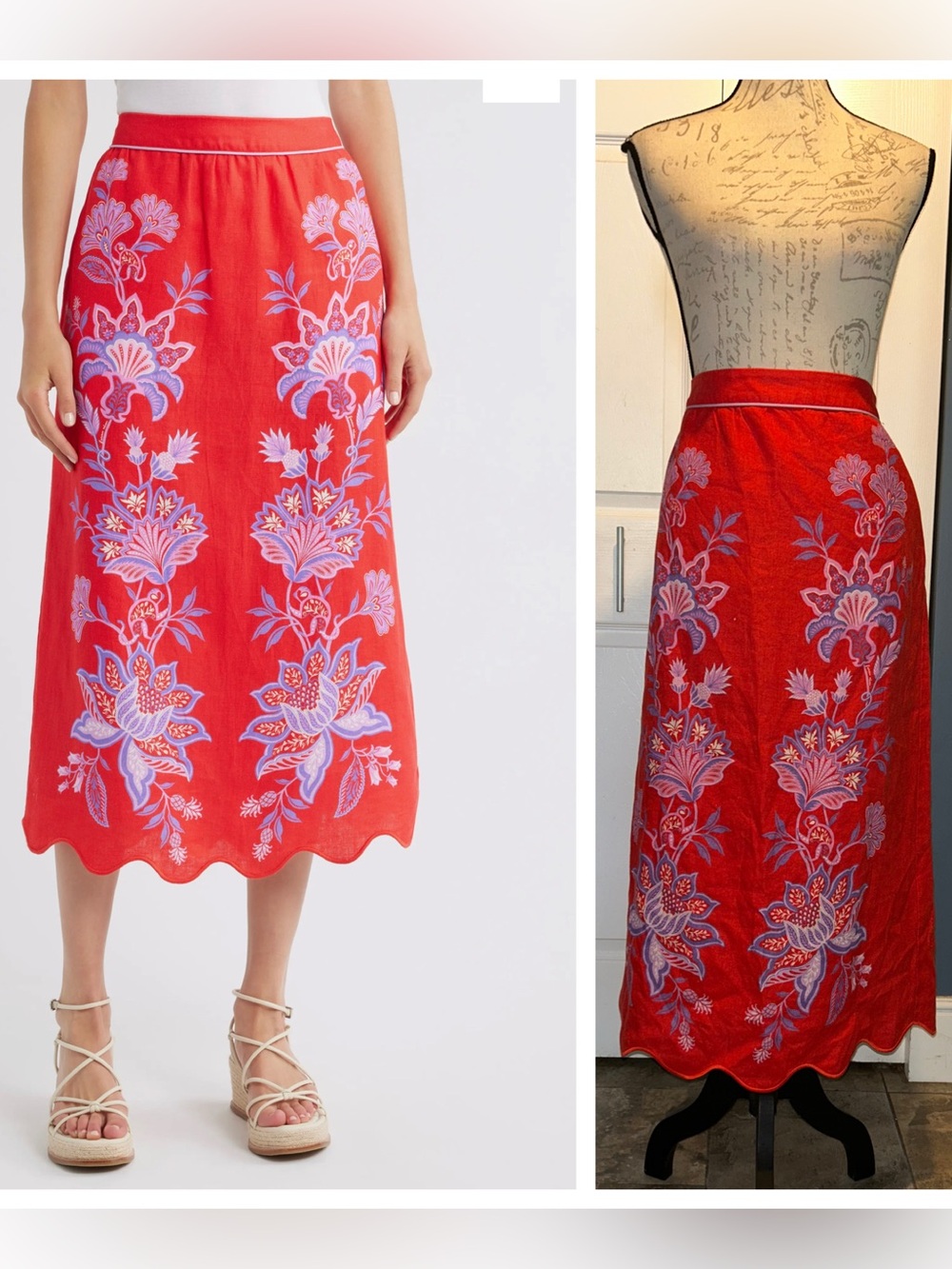 Farm Rio Porcelain Garden Floral Linen Scallop Hem Maxi Skirt Red Sz Large